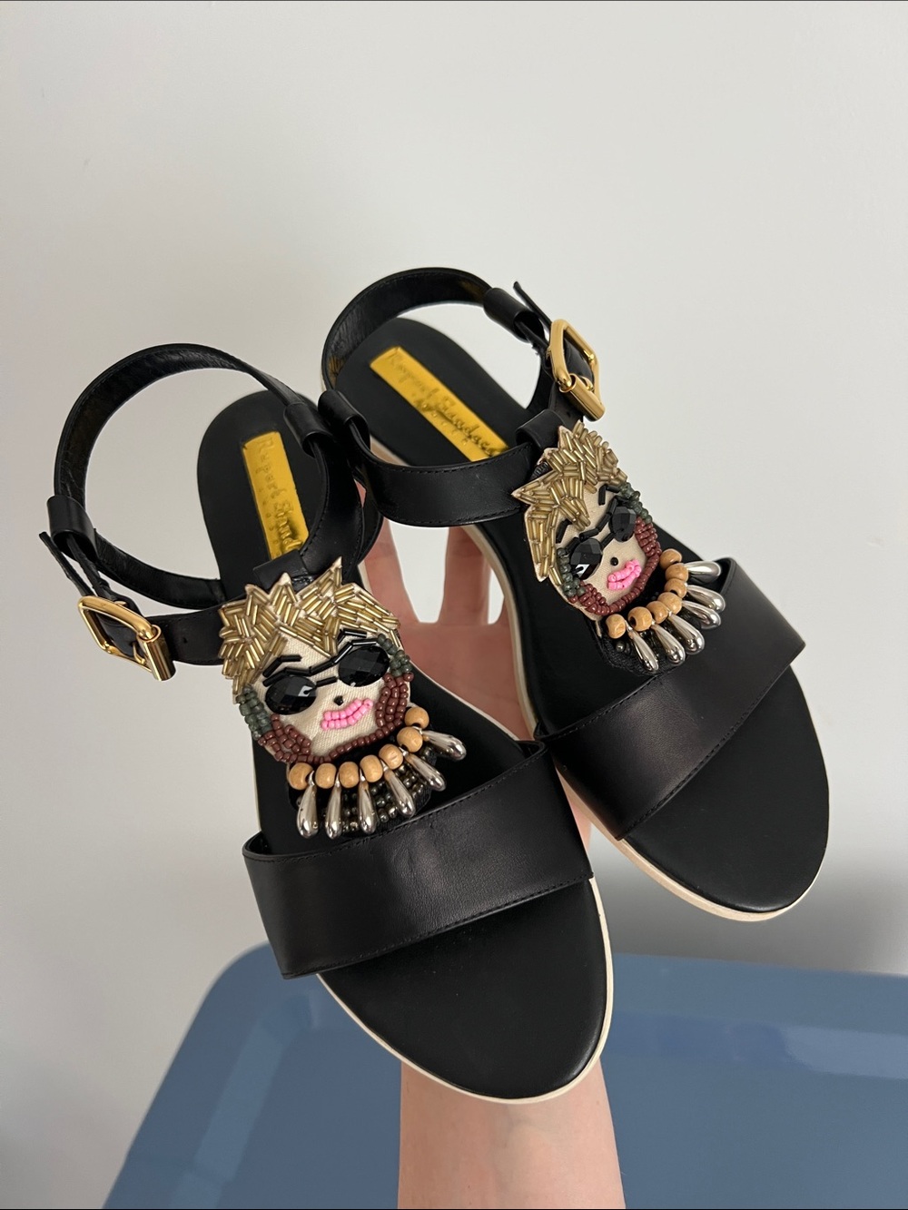 Rupert Sanderson cara frida kahlo black leather multicolored embroidered sandals